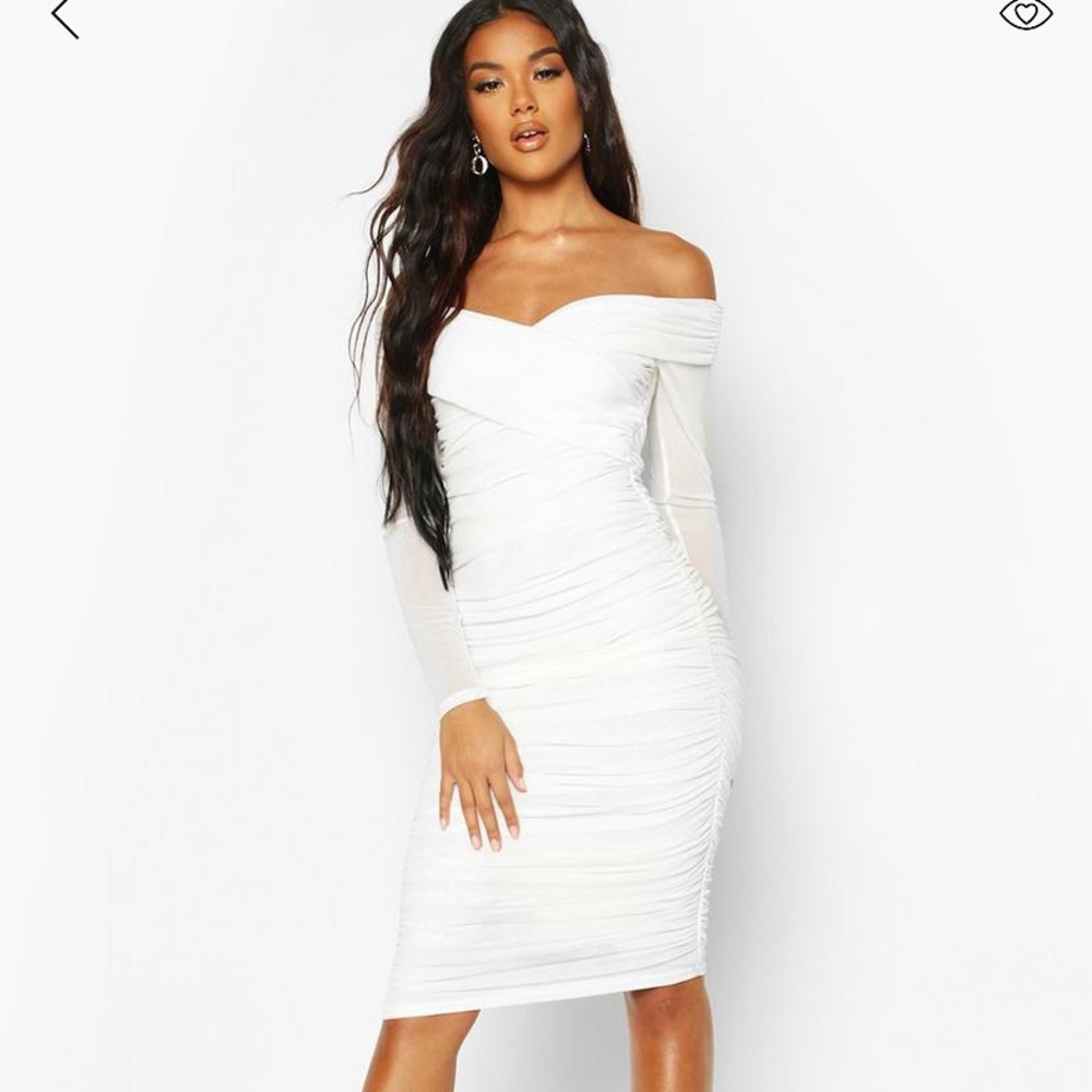 Boohoo | Off shoulder Ruched Mesh Bodycon Dress